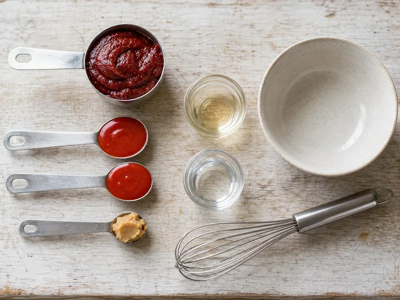 Measured gochujang and sriracha substitution ingredients with miso and rice vinegar