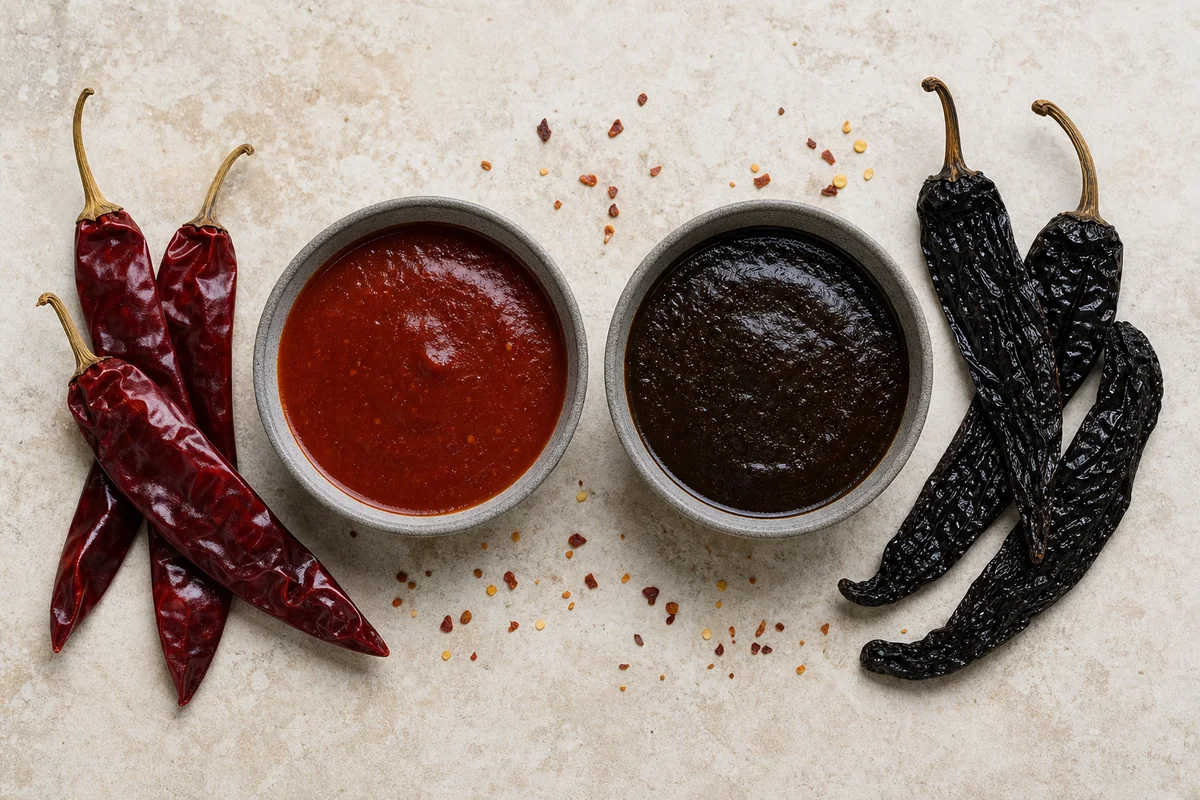 Brick-red guajillo sauce beside dark brown pasilla sauce and dried chiles