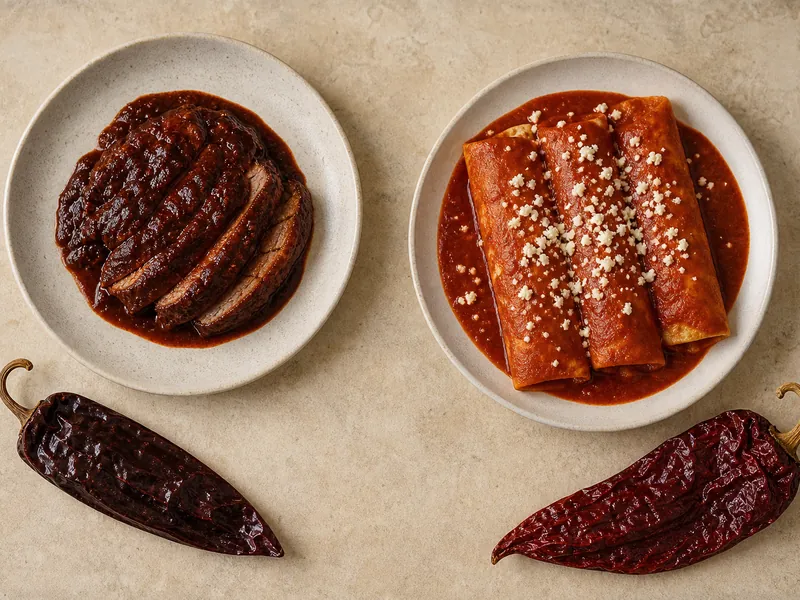 Guajillo adobo and New Mexico red chile enchiladas on separate plates