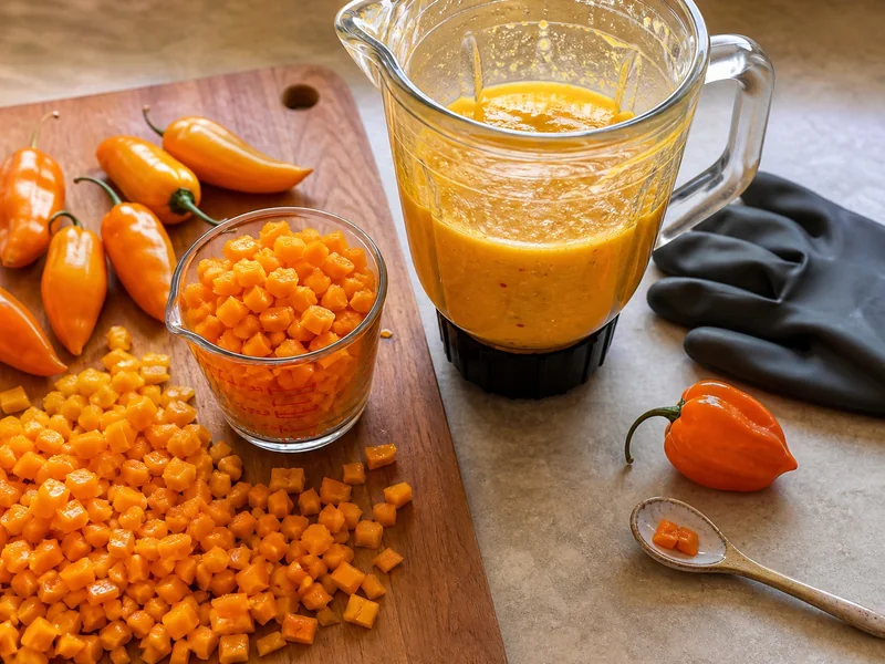 Chopped Habanada peppers measured into a fruity sauce beside a carefully portioned piece of habanero