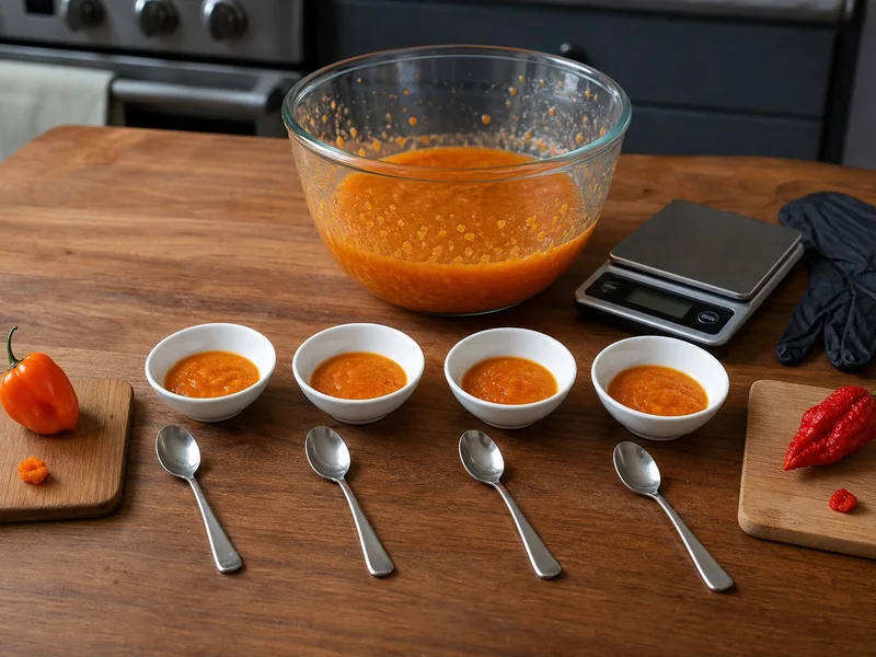 Small measured pieces of habanero and ghost pepper beside tasting bowls and a larger sauce batch