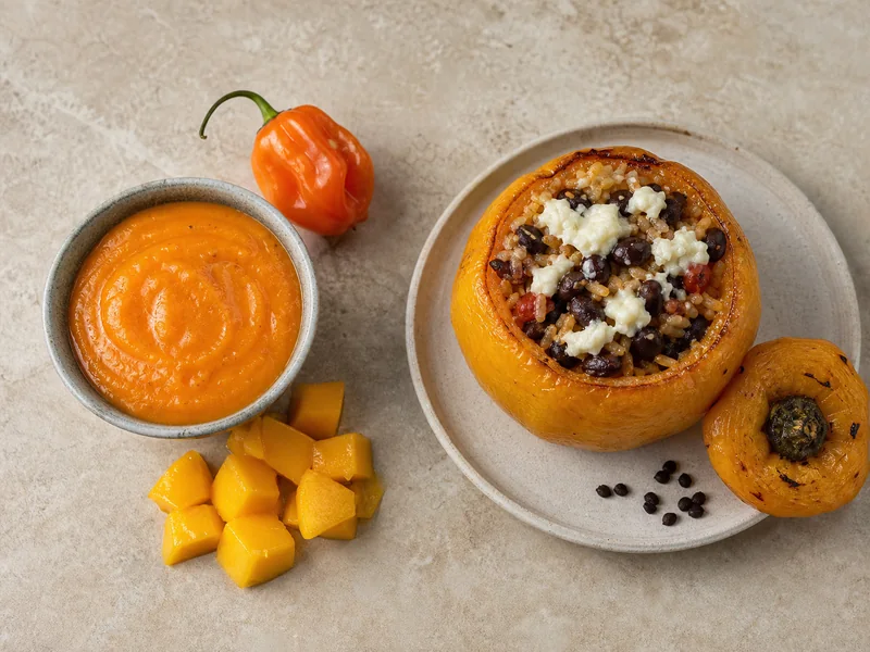 Mango habanero sauce beside a thick-walled roasted manzano filled with beans, rice, and cheese