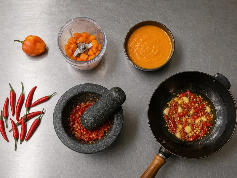 Thai chilies moving from mortar to wok beside habanero moving from blender to orange sauce