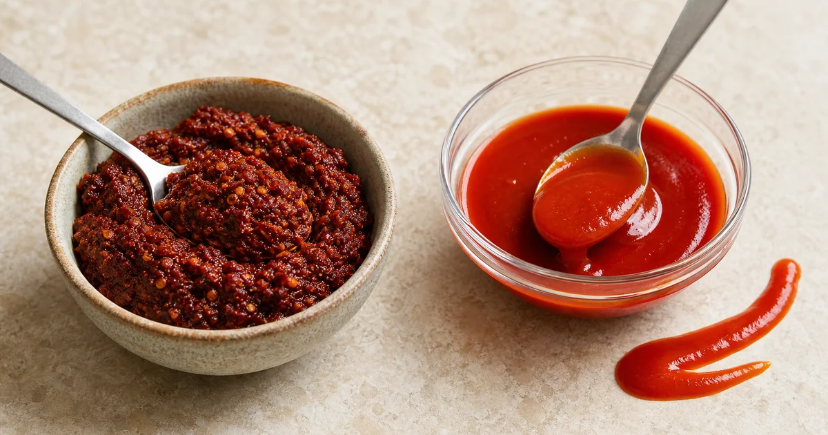 Dense harissa paste beside smooth sriracha sauce with distinct spoon textures