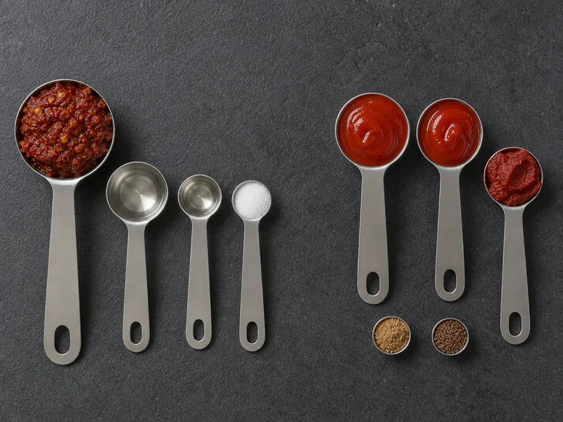 Measured harissa, sriracha, tomato paste, vinegar, and spices arranged for substitution