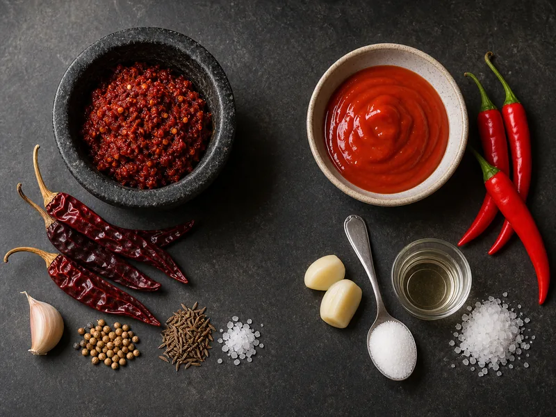 Coarse harissa paste and smooth sriracha sauce shown on separate spoons with their core ingredients