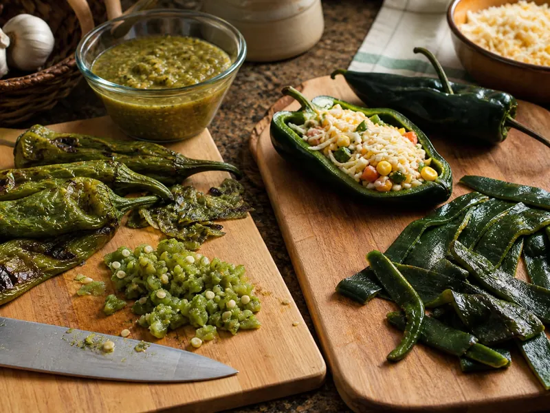 Roasted Hatch chiles chopped for green sauce beside a stuffed poblano and poblano rajas