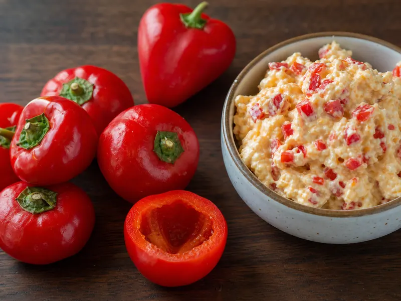Hollowed round cherry peppers beside pimento cheese with diced red pimento