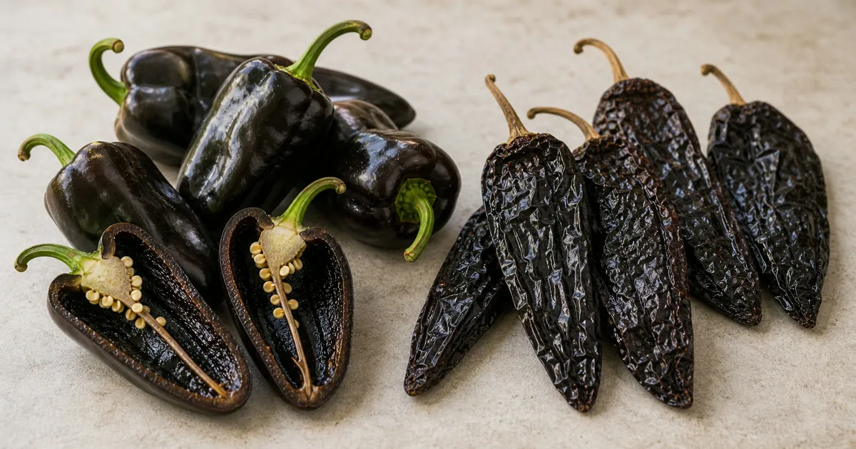 Holy Mole Pepper and Pasilla Pepper shown side by side for comparison