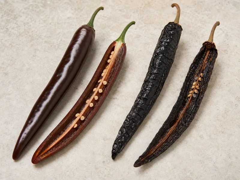 A fresh brown Holy Mole pod and a dried pasilla cut open to show their different texture