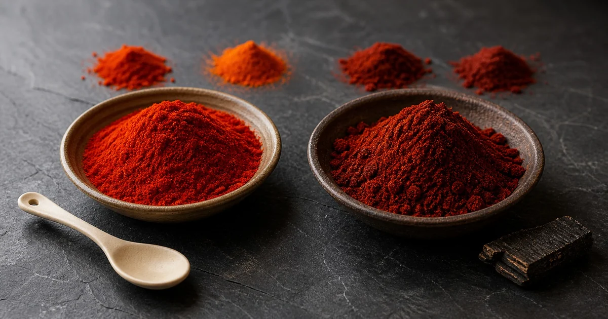 Fine Hungarian paprika beside smoked Spanish pimenton with separate sweet and hot grades