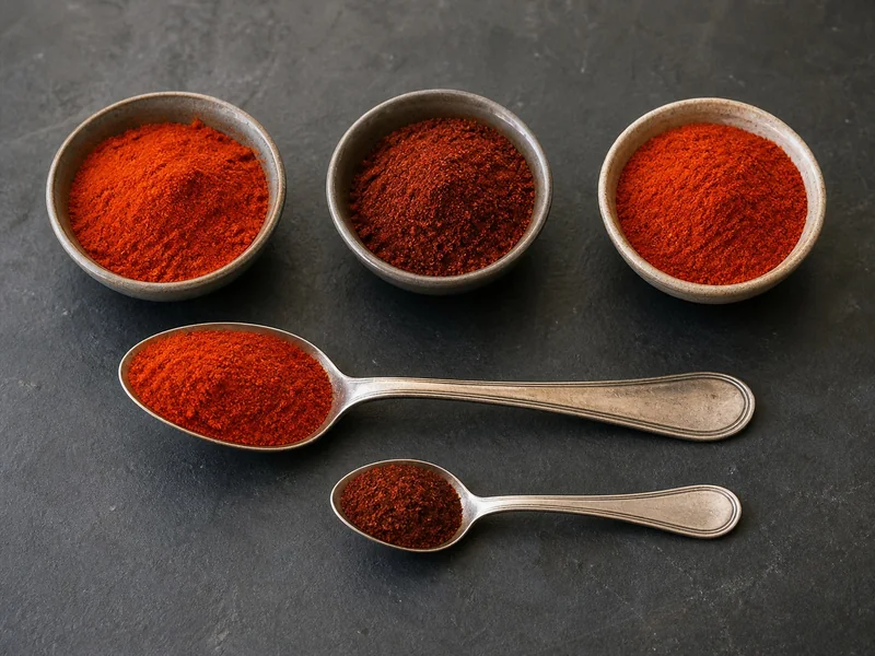 Measured sweet Hungarian paprika and smoked Spanish pimenton arranged for a half-volume swap