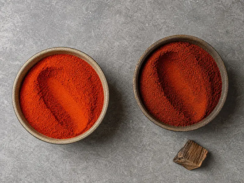 Bright paprika beside a darker smoked paprika with a wood chip indicating smoke drying