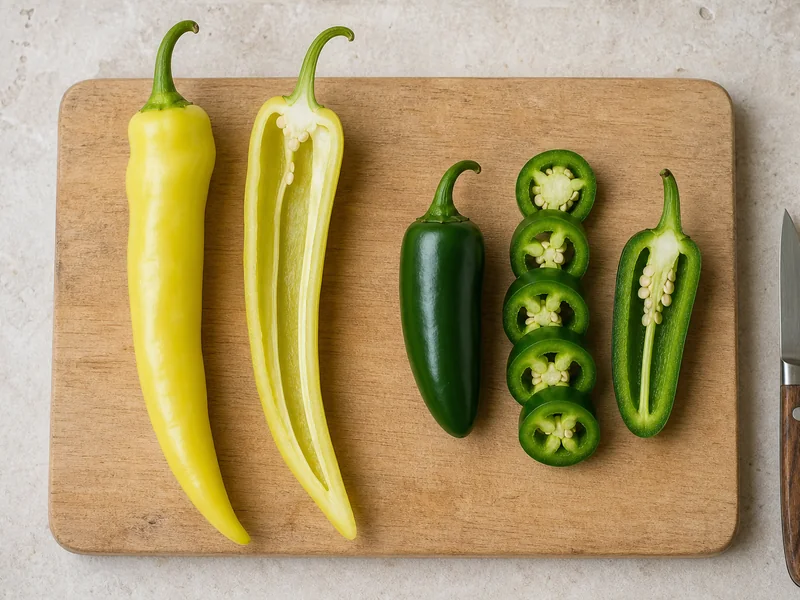 Whole and cut Hungarian Wax and jalapeño peppers showing different shapes and wall thickness