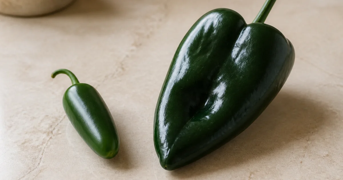 Fresh jalapeño beside a larger dark green poblano pepper