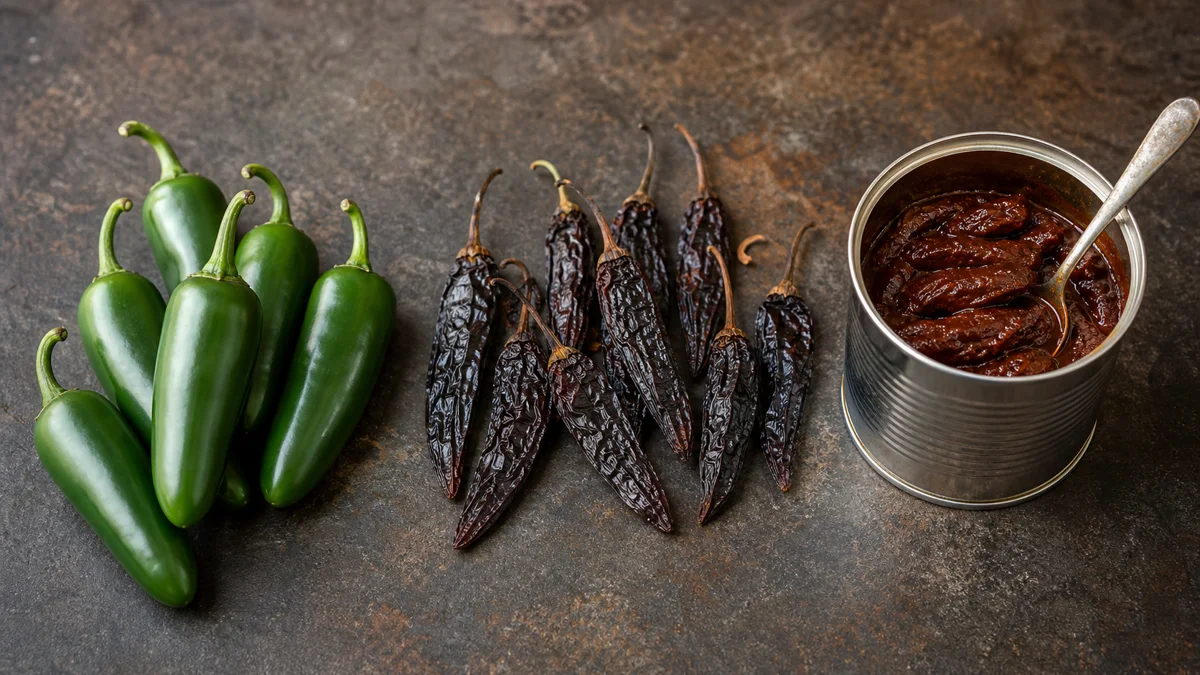 Fresh jalapeños, dried morita chiles, and chipotle peppers in adobo side by side