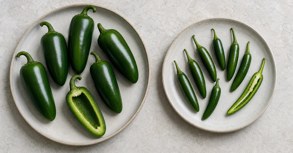 Fresh jalapeno and serrano peppers showing their different pod sizes and cavities