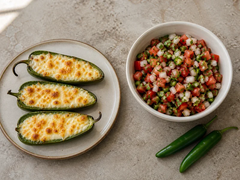 Stuffed jalapeno halves beside pico de gallo made with finely minced serrano