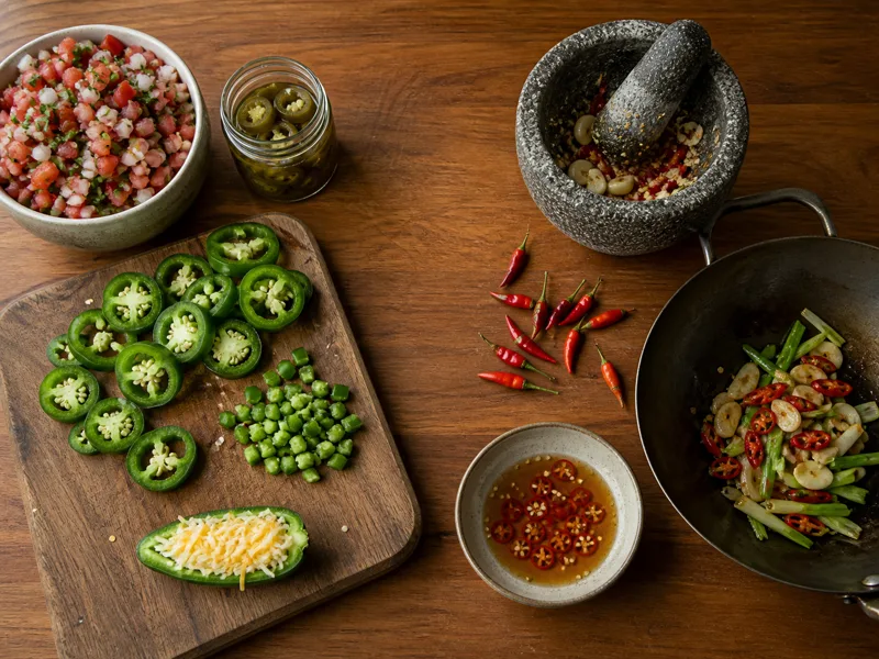 Jalapeno prepared as salsa, pickles, and a popper beside Thai chili prepared in a mortar, dipping sauce, and wok