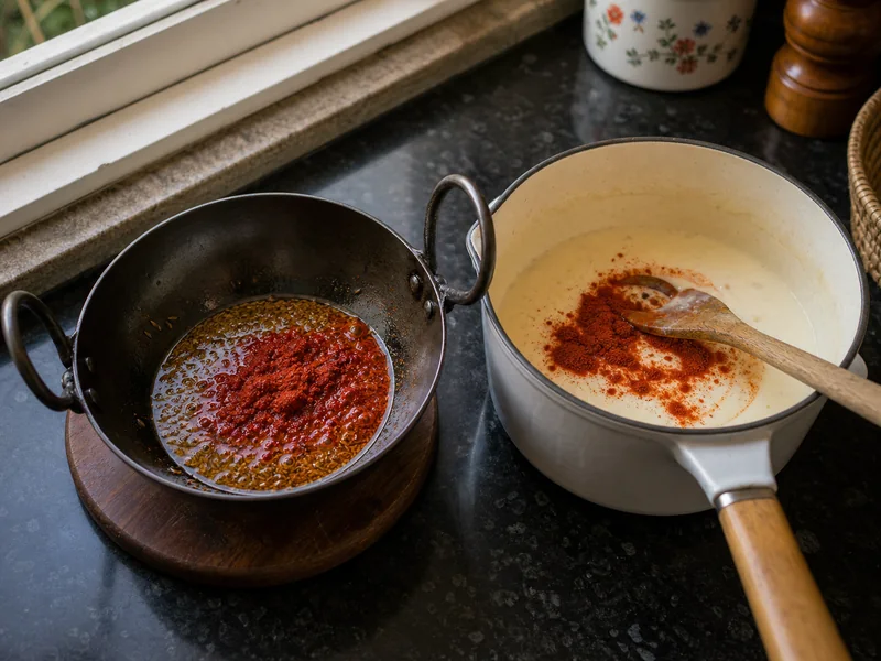 Kashmiri chili blooming in oil beside a sweet paprika cream sauce