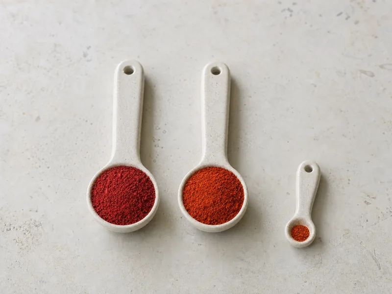 Equal teaspoons of Kashmiri chili and sweet paprika with a small cayenne pinch