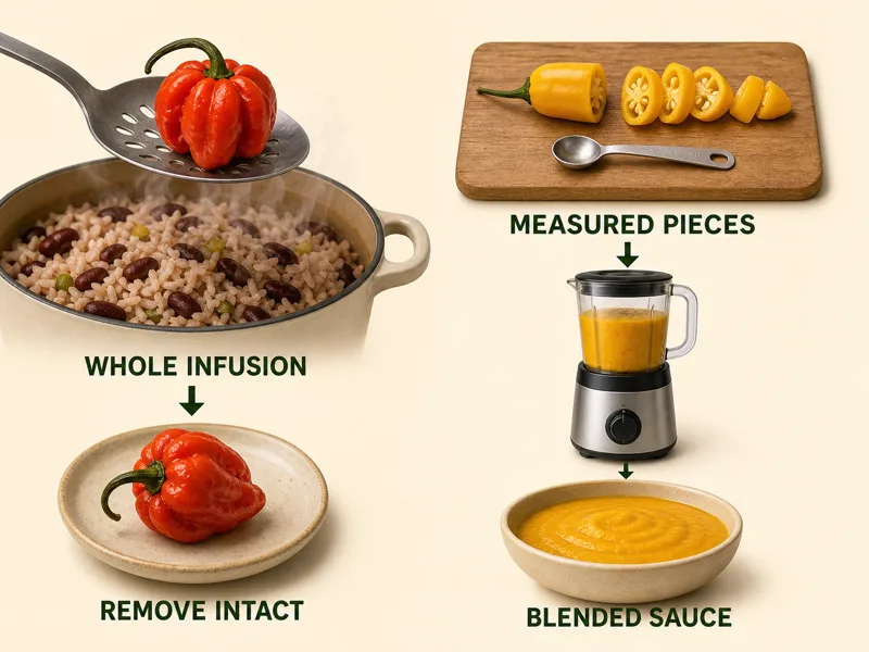 Whole lobed Scotch Bonnet pepper removed from rice and beans beside measured yellow pepper pieces blended into golden sauce
