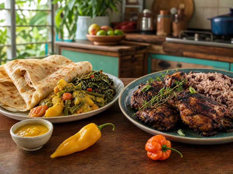 Surinamese roti and yellow pepper sauce beside Jamaican jerk chicken with rice and peas