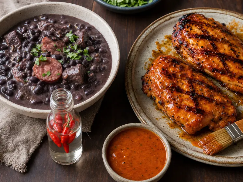 Black bean stew with malagueta vinegar beside grilled chicken glazed with peri-peri sauce