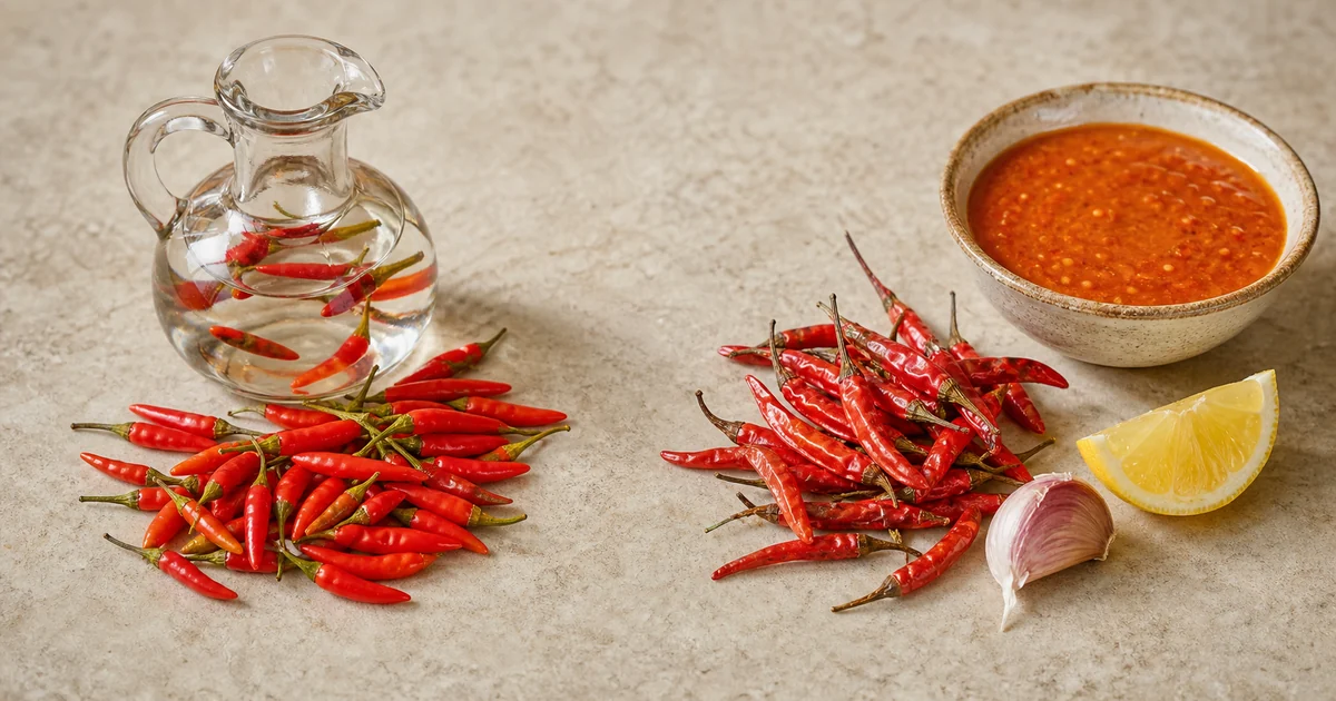 Fresh malagueta and piri-piri pods beside clear chile vinegar and prepared peri-peri sauce