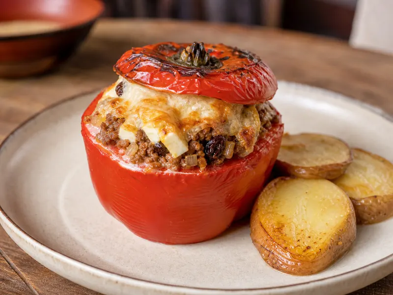 Rocoto relleno with a meat and cheese filling beside roasted potatoes