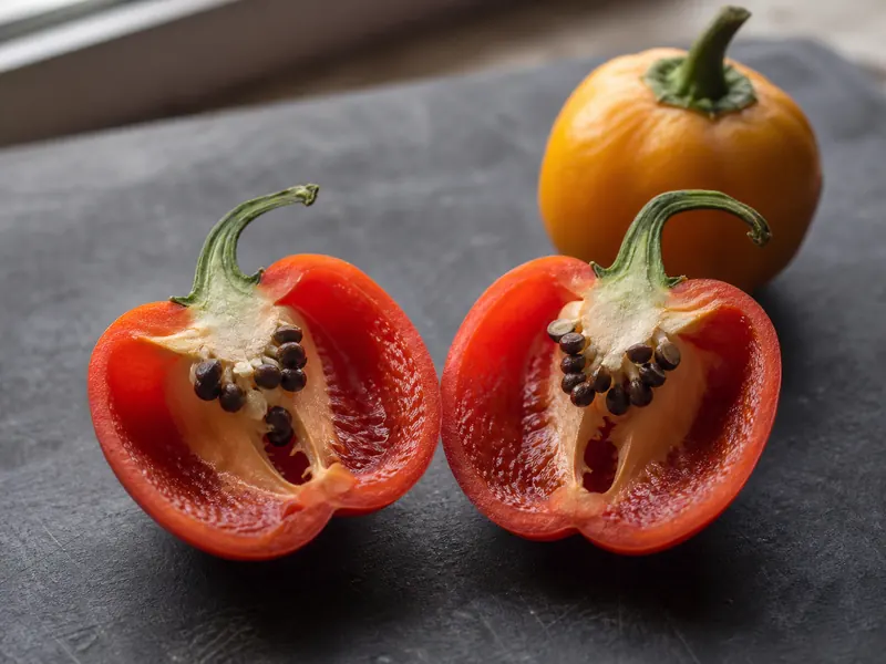 Cut rocoto or manzano pepper showing thick flesh and dark seeds