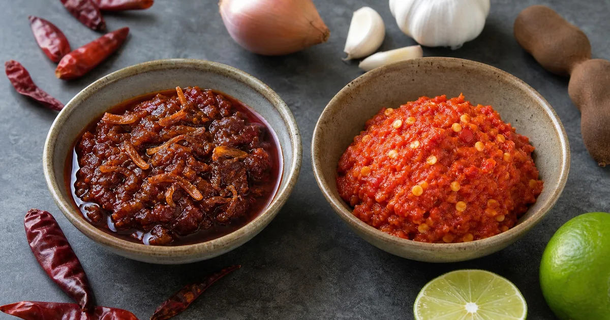 Nam prik pao and sambal oelek shown side by side