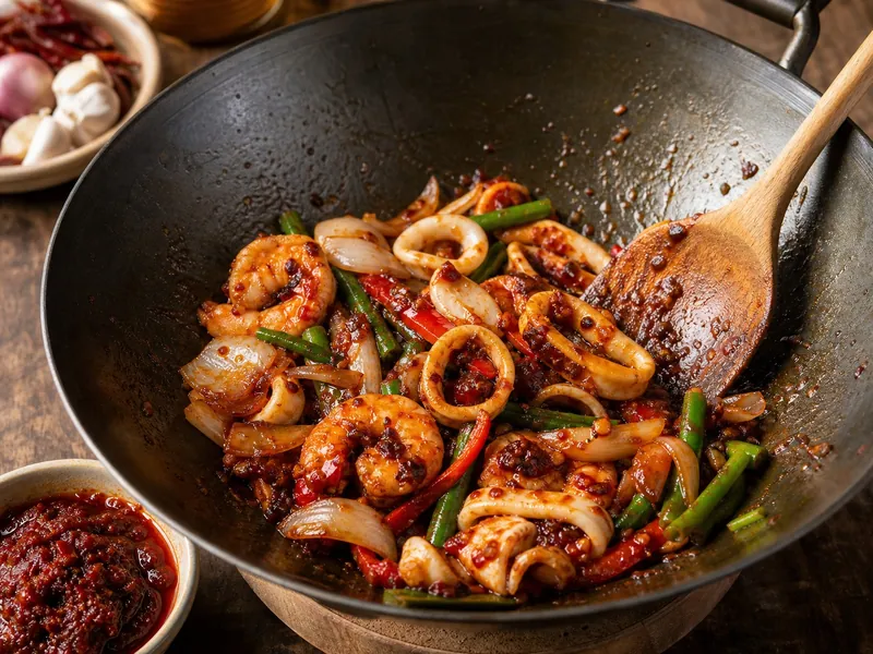 Nam prik pao melting into a glossy stir-fry sauce