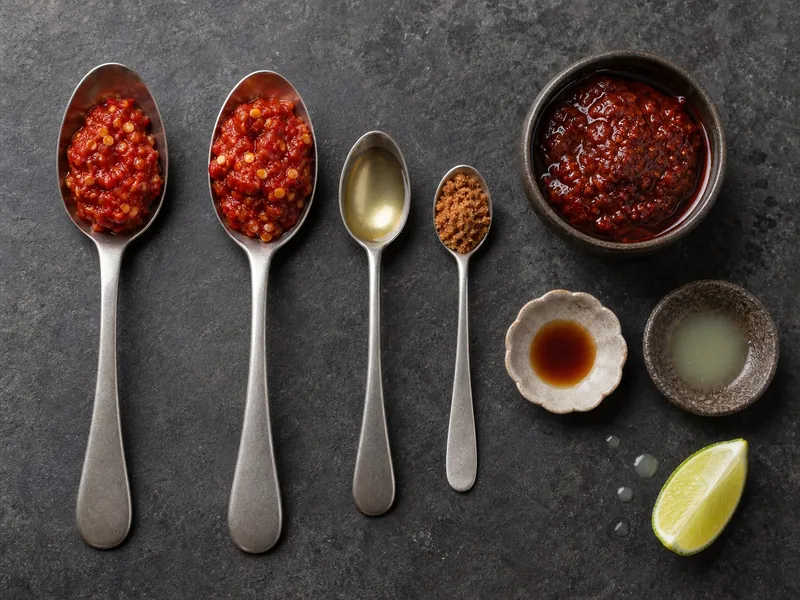 Measured chile paste, oil, sugar, and lime for substitution