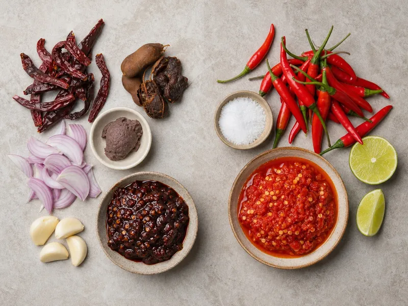 Nam prik pao ingredients beside a bowl of coarse sambal oelek