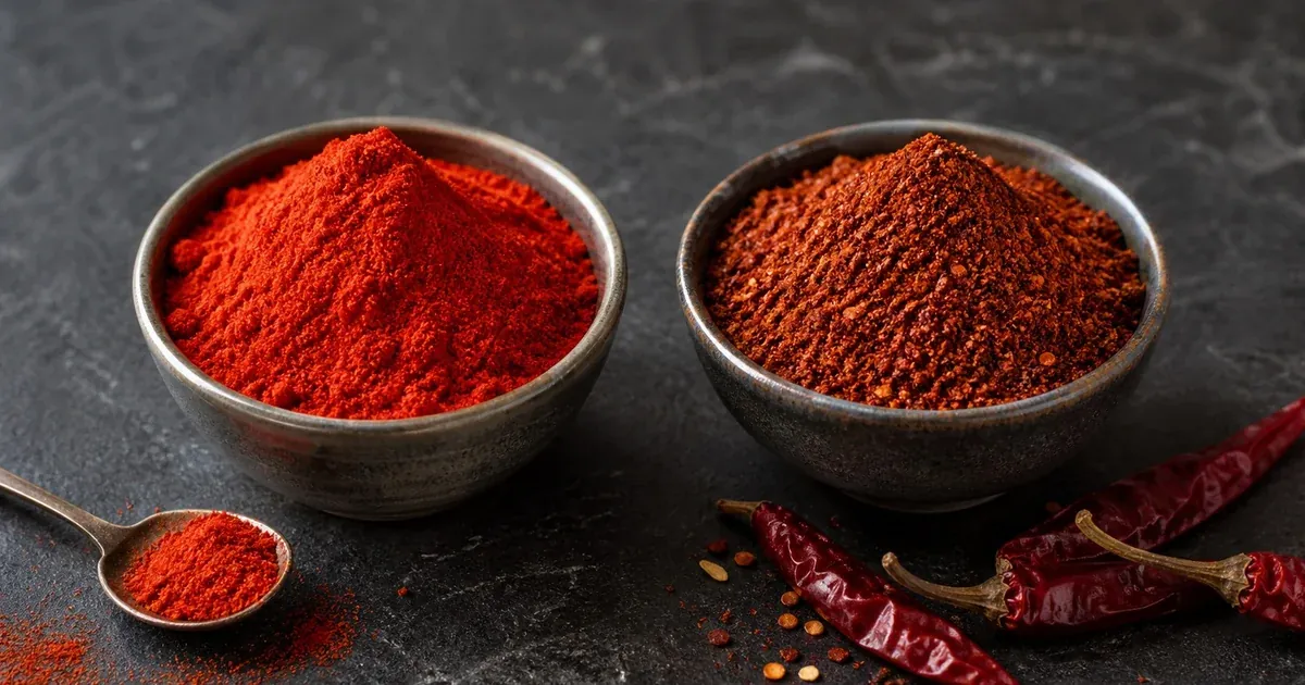 Side-by-side bowls of bright paprika and darker chili powder blend on a dark kitchen surface with dried red chiles nearby