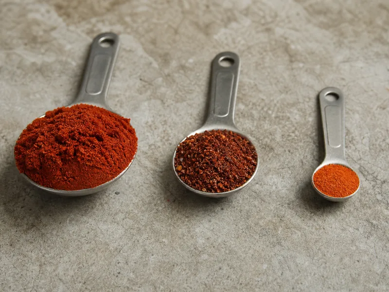 Large measure of paprika, medium measure of chili powder blend, and small measure of cayenne powder
