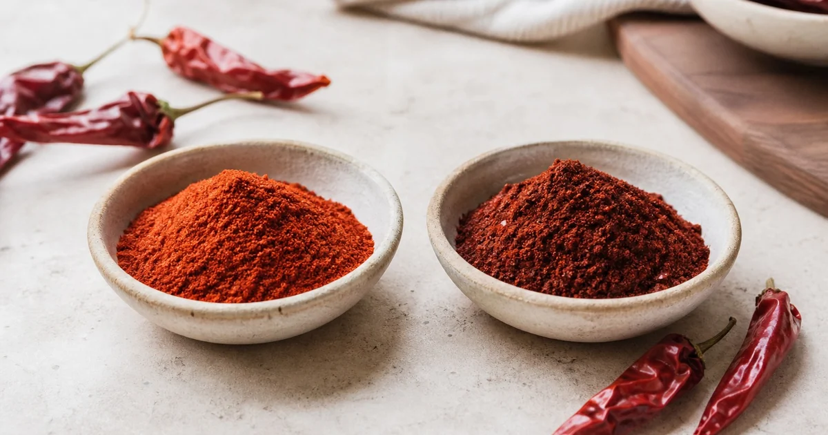 Side-by-side bowls of regular paprika and darker smoked paprika with dried red peppers nearby