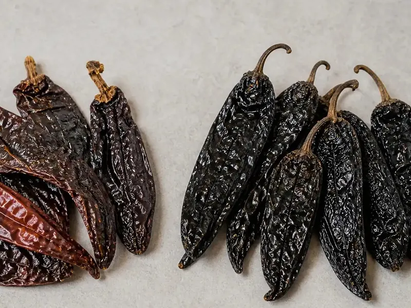 Brown Pasilla de Oaxaca and black pasilla pods arranged side by side