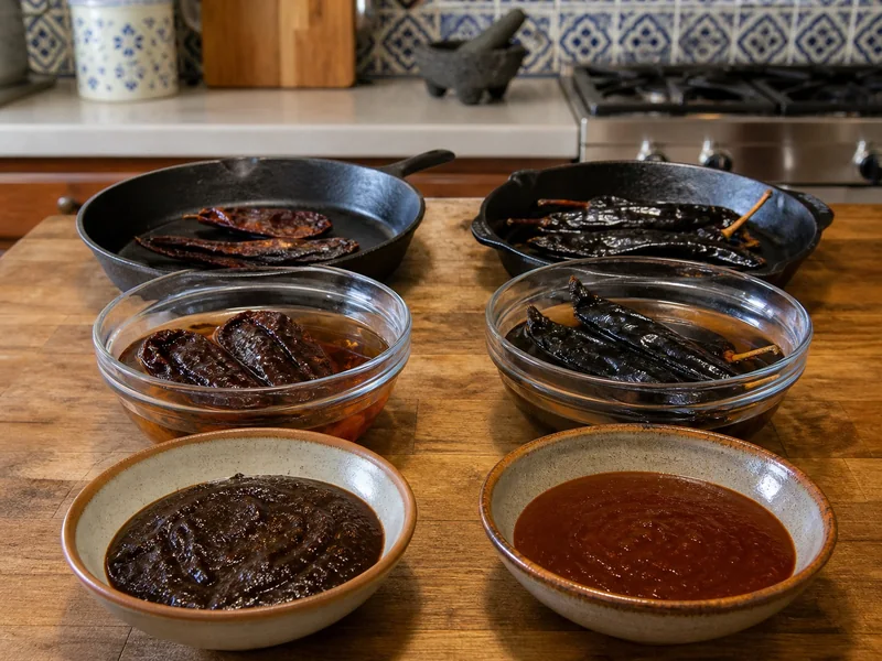 Pasilla de Oaxaca and standard pasilla toasted and soaked separately beside two dark sauces
