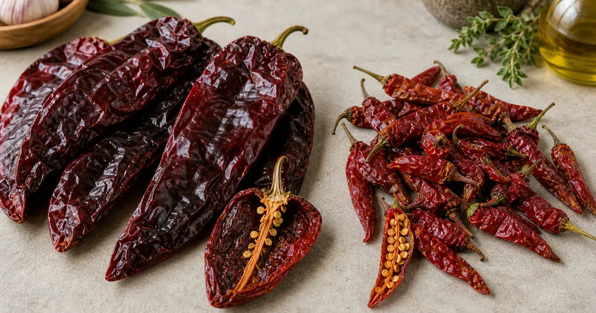 Peperone di Senise and Calabrian Chili shown side by side for comparison