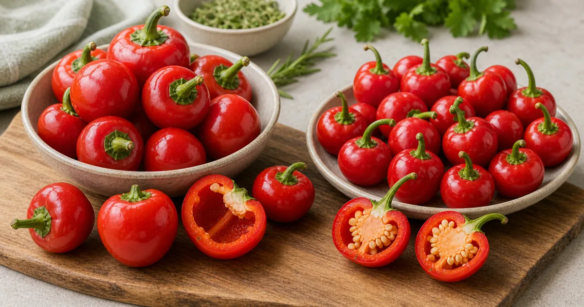 Peppadew Pepper and Cherry Pepper shown side by side for comparison