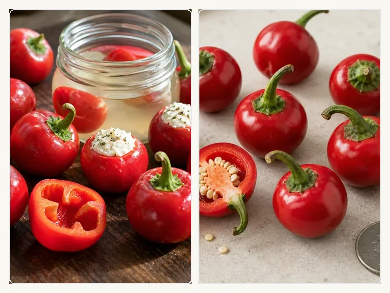 Brined round red peppers prepared for cheese stuffing beside fresh cherry peppers