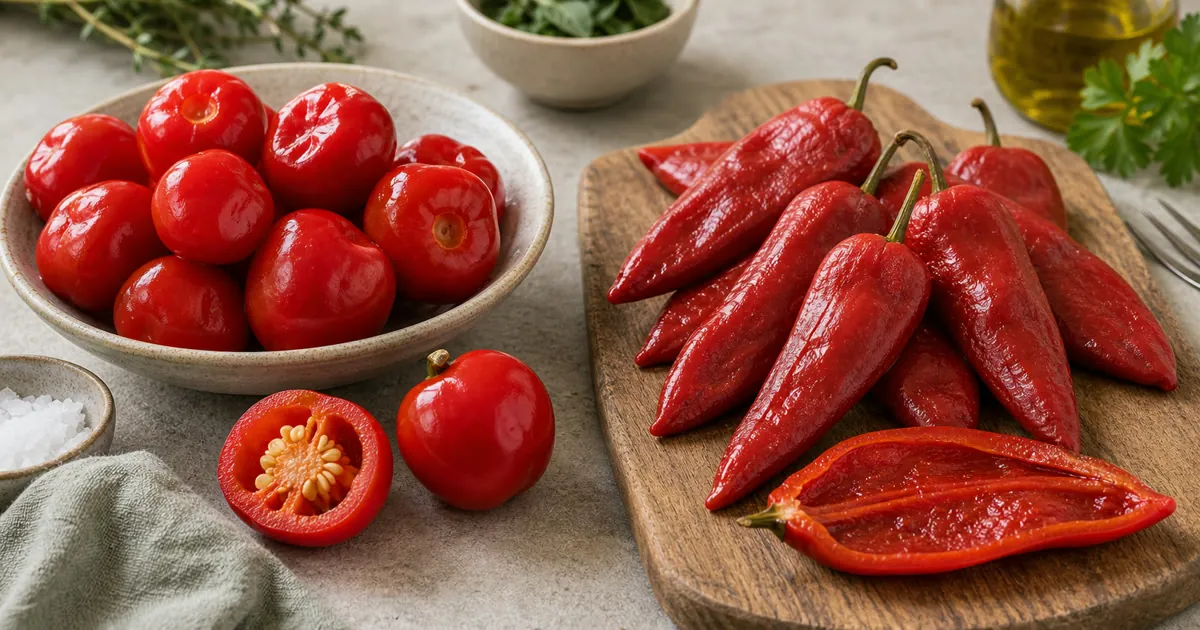 Peppadew Pepper and Piquillo Pepper shown side by side for comparison