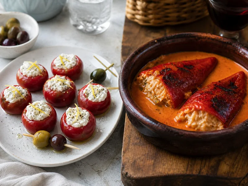 Cold cheese-stuffed Peppadew peppers beside warm sauce-covered stuffed piquillo peppers