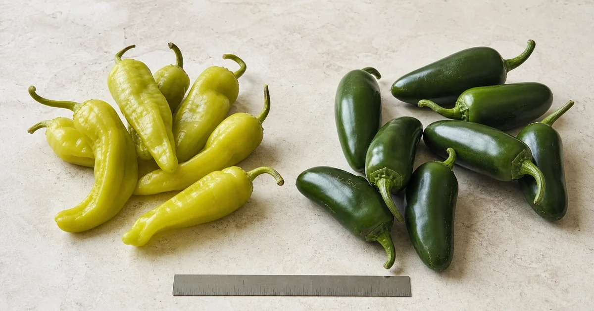 Fresh yellow-green pepperoncini beside dark green jalapeños
