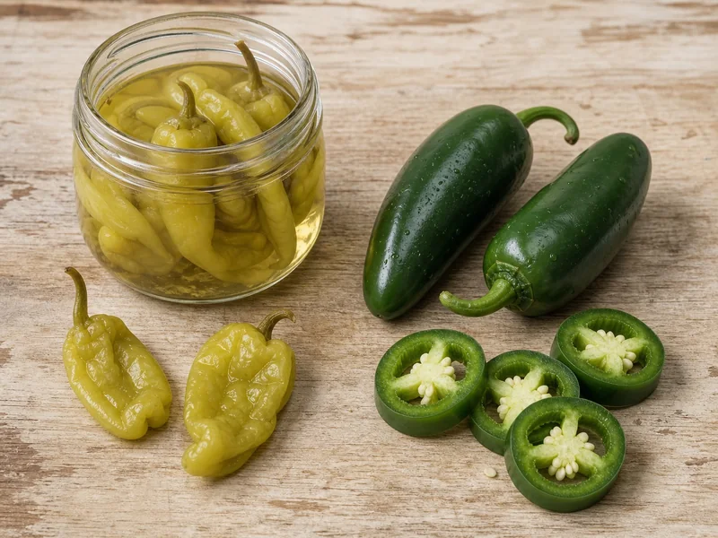 Pickled pepperoncini beside whole and sliced fresh jalapeños