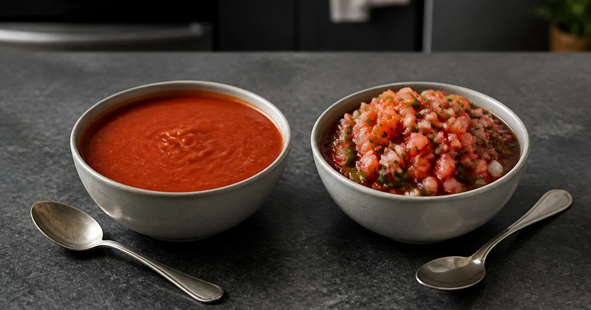 Smooth red picante sauce beside chunky tomato salsa in equal bowls