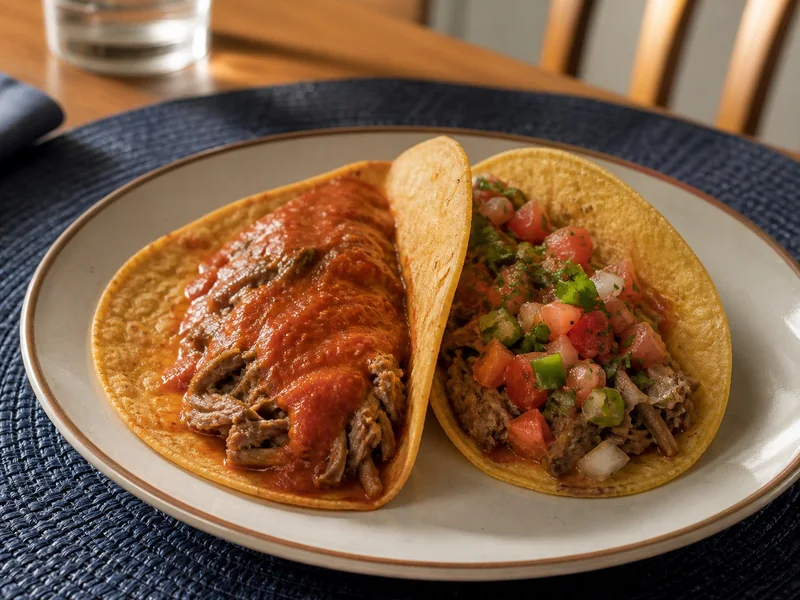 Two tacos showing smooth picante coverage and a chunky salsa topping