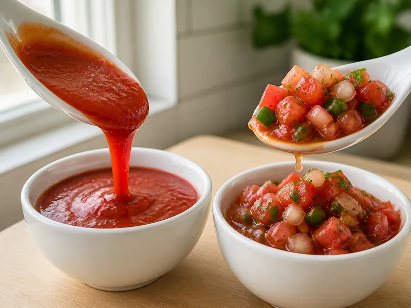 Smooth picante sauce pouring beside chunky salsa held on a spoon